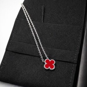 TU.LX Lucky Clover Pendant Necklace with pouch / Red / Silver NWT